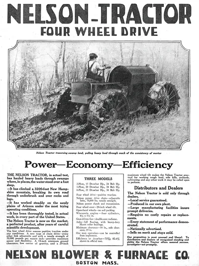 NELSON TRACTOR FOUR WHEEL DRIVE advertisement, Nelson Blower & Furnace Co.