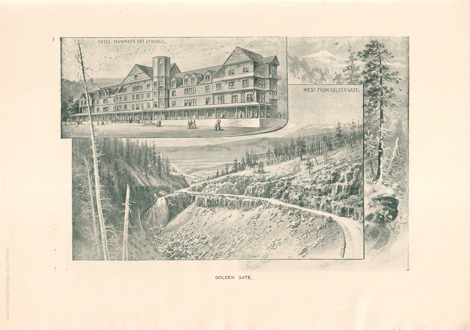 Golden Gate, Hotel Mammoth Hot Springs, West from Golden Gate — historic image
