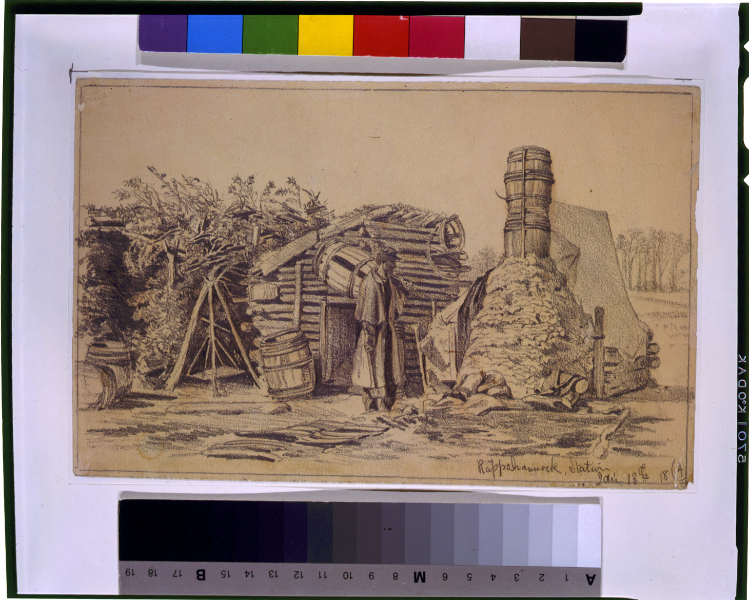 Soldier's hut in winter--Borrowing a chimney, 1864 Jan. 13. — historic drawing