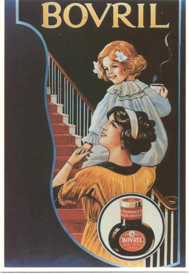 Bovril advertising poster: woman and child on stairs — vintage poster