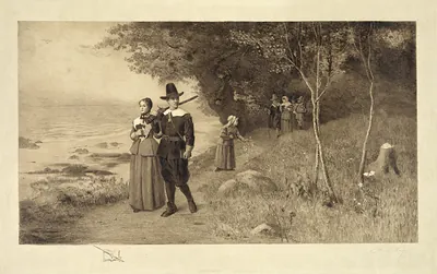Puritan couple and figures walking a shoreline path