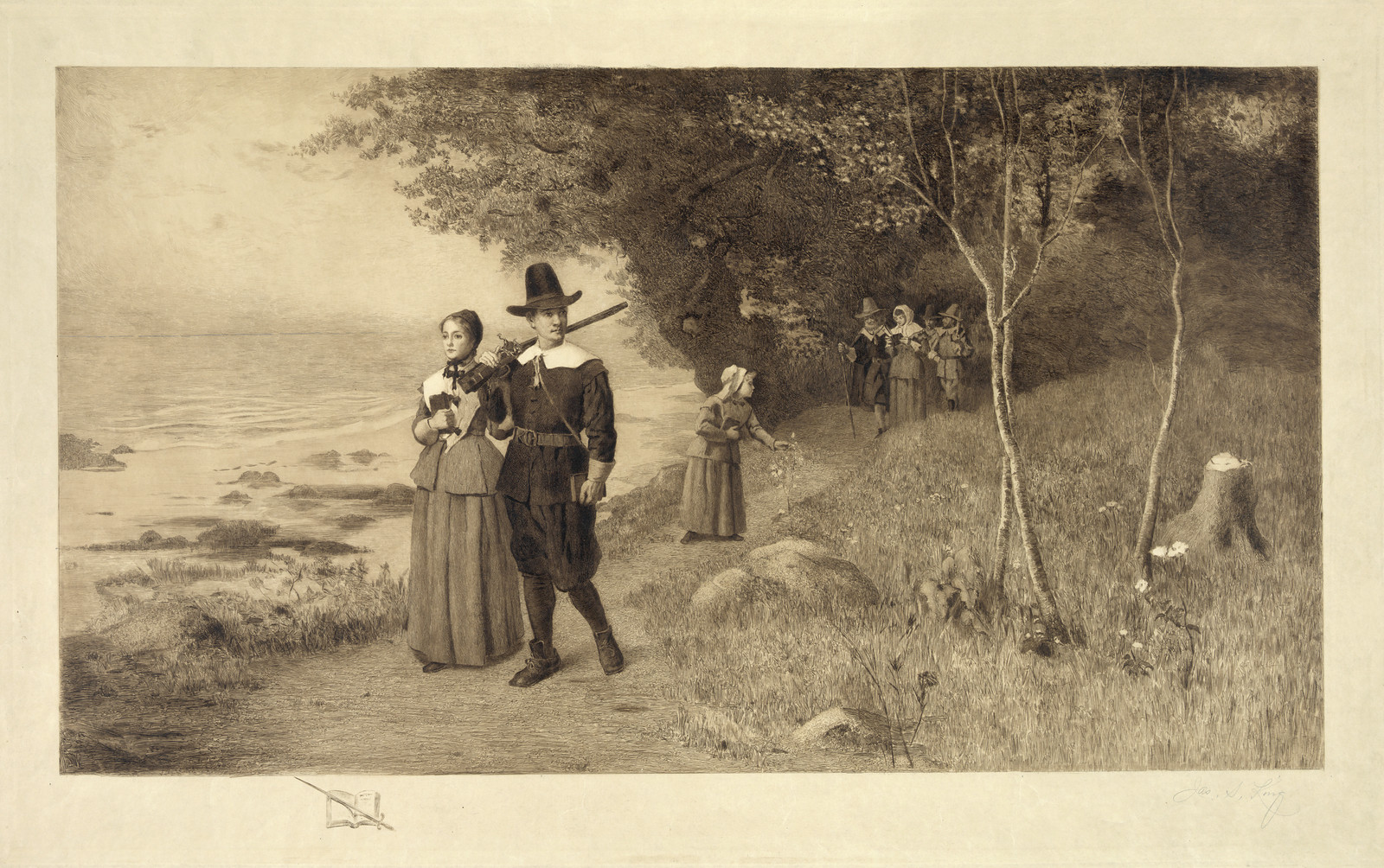 Puritan couple and figures walking a shoreline path — historic image