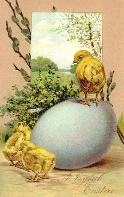 A Joyful Easter greeting with chicks and blue egg