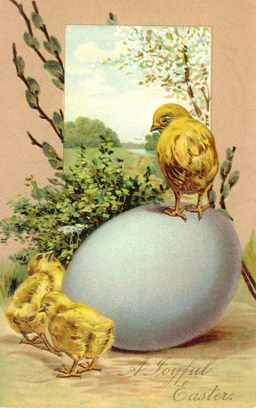 A Joyful Easter greeting with chicks and blue egg — historic image