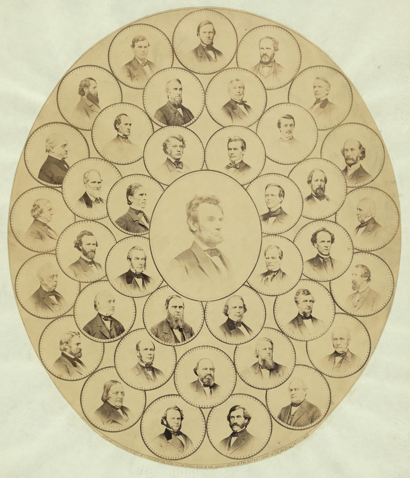Oval Print of Central Lincoln Portrait Surrounded by Medallion Portraits — historic print