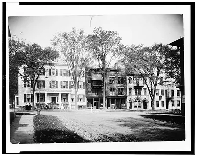 [Lincklaen House, the post office, a coal dealer, pharmacy, and bank, Cazenovia, New York]