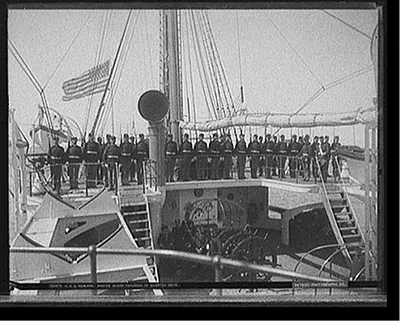 U.S.S. Newark, marine guard parading on quarter deck