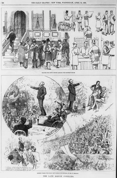 The late Roscoe Conkling - [2 images]: 1. Waiting for news - scenes around the Hoffman House [N.Y.C.] 2. Scenes during the great Republican convention of 1880, Chicago.