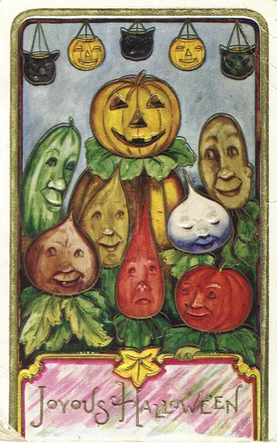 Joyous Halloween greeting card with anthropomorphic pumpkin and vegetables