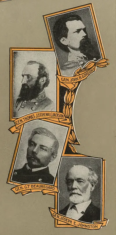 Four Confederate generals in framed portraits with banner captions
