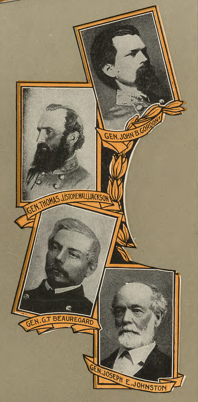 Four Confederate generals in framed portraits with banner captions — historic image