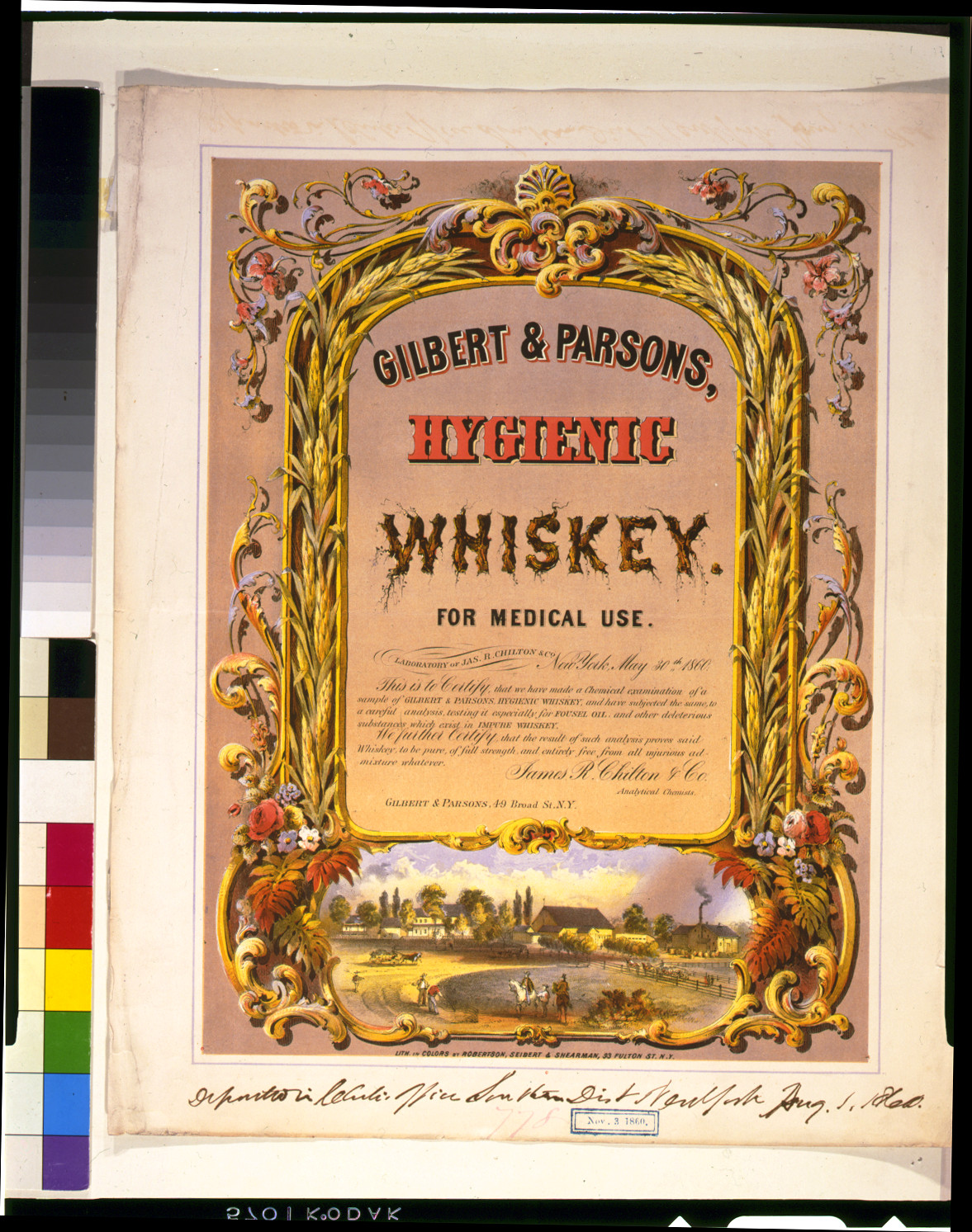 Gilbert & Parsons, hygienic whiskey--for medical use / lith. in colors by Robertson, Seibert & Shearman, N.Y., c1860. — antique lithograph