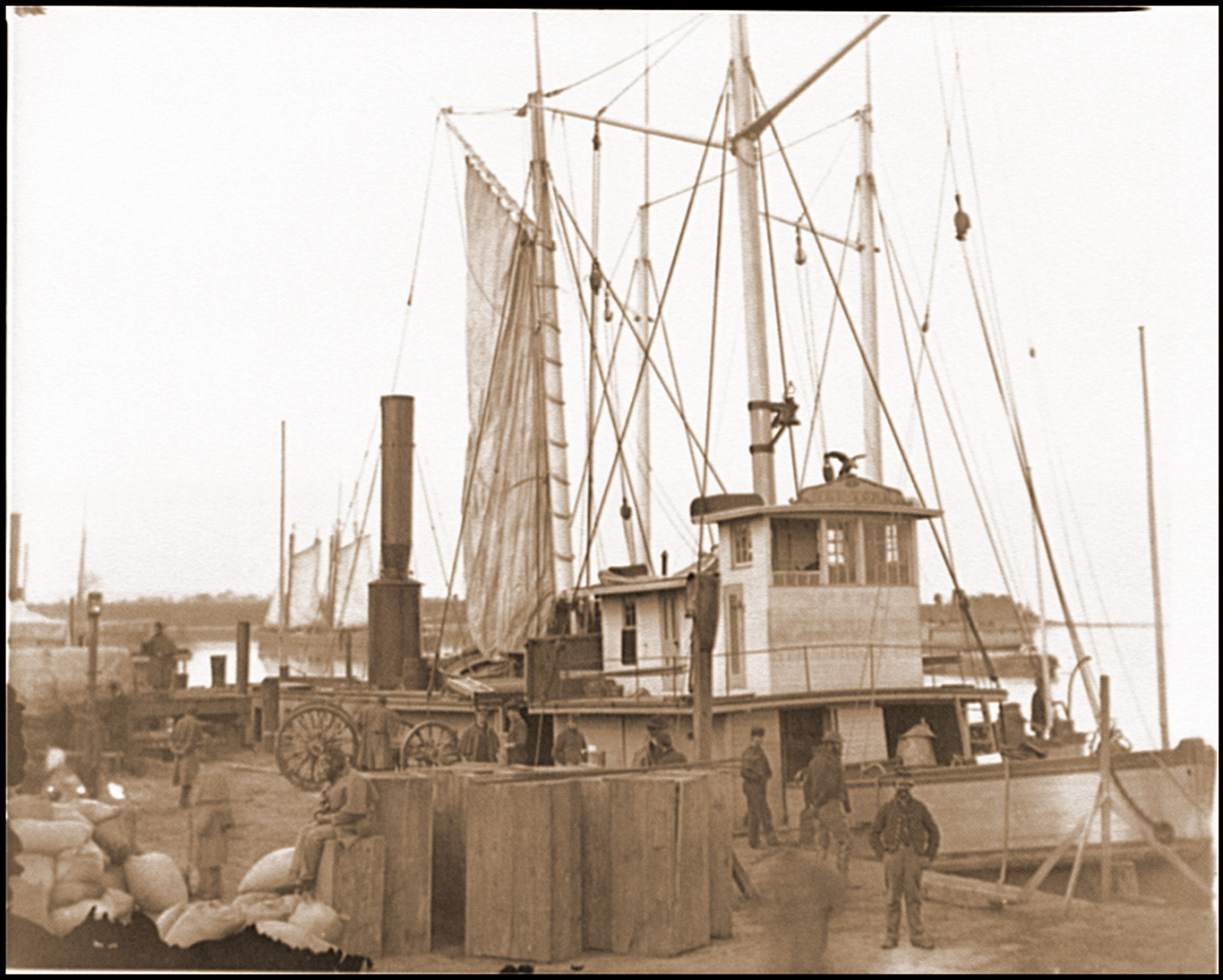 Aquia Creek Landing Va. Wharf with transport and supplies, 1860 — historic photograph