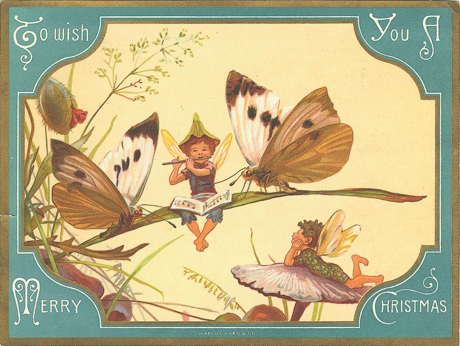 To Wish You A Merry Christmas, with fairies and butterflies — historic image