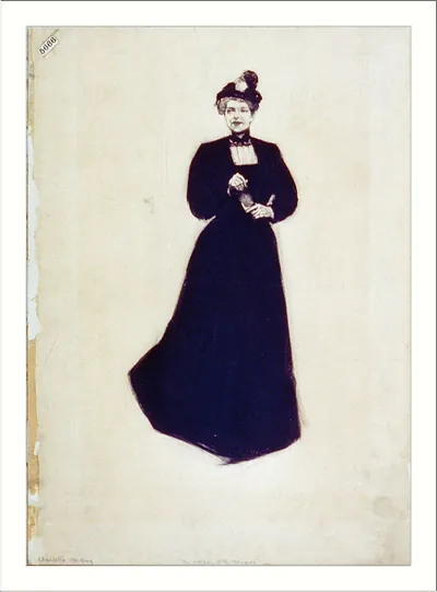 Drawing of a standing woman in a long dark dress and hat