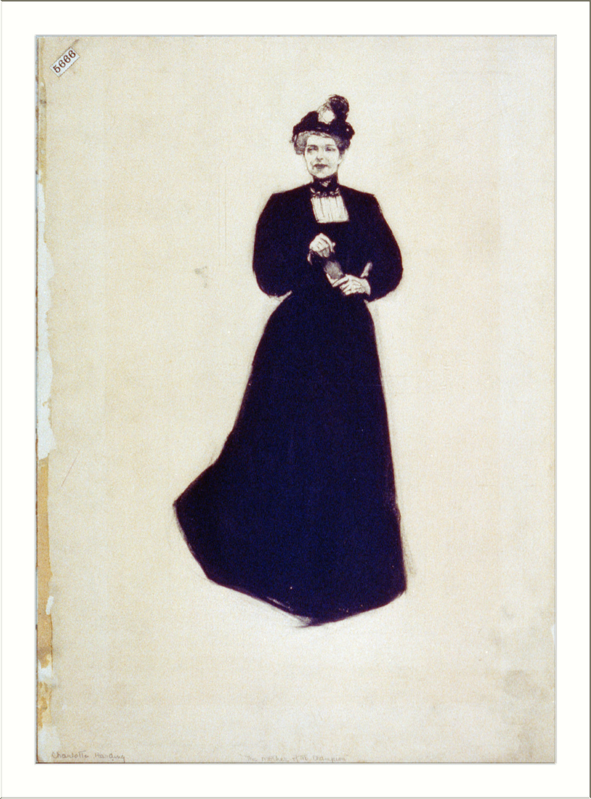 Drawing of a standing woman in a long dark dress and hat — historic drawing