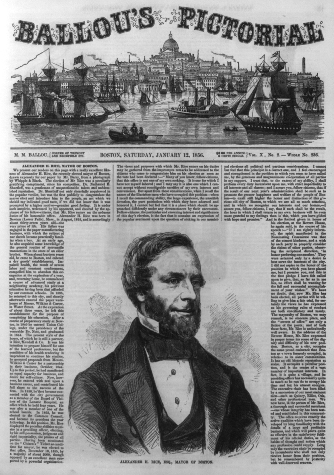 Alexander H. Rice, Esq., Mayor of Boston, 1856 — antique engraving