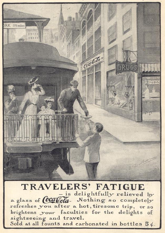 Travelers' Fatigue Coca-Cola advertisement with streetcar scene — historic image