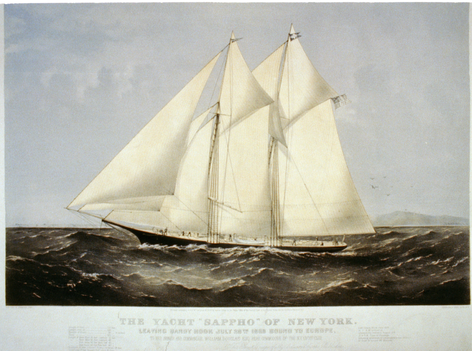 The yacht Sappho" of New York: leaving Sandy Hook July 28th. 1869 bound to Europe", New York : Published by Currier & Ives, c1869. — antique lithograph