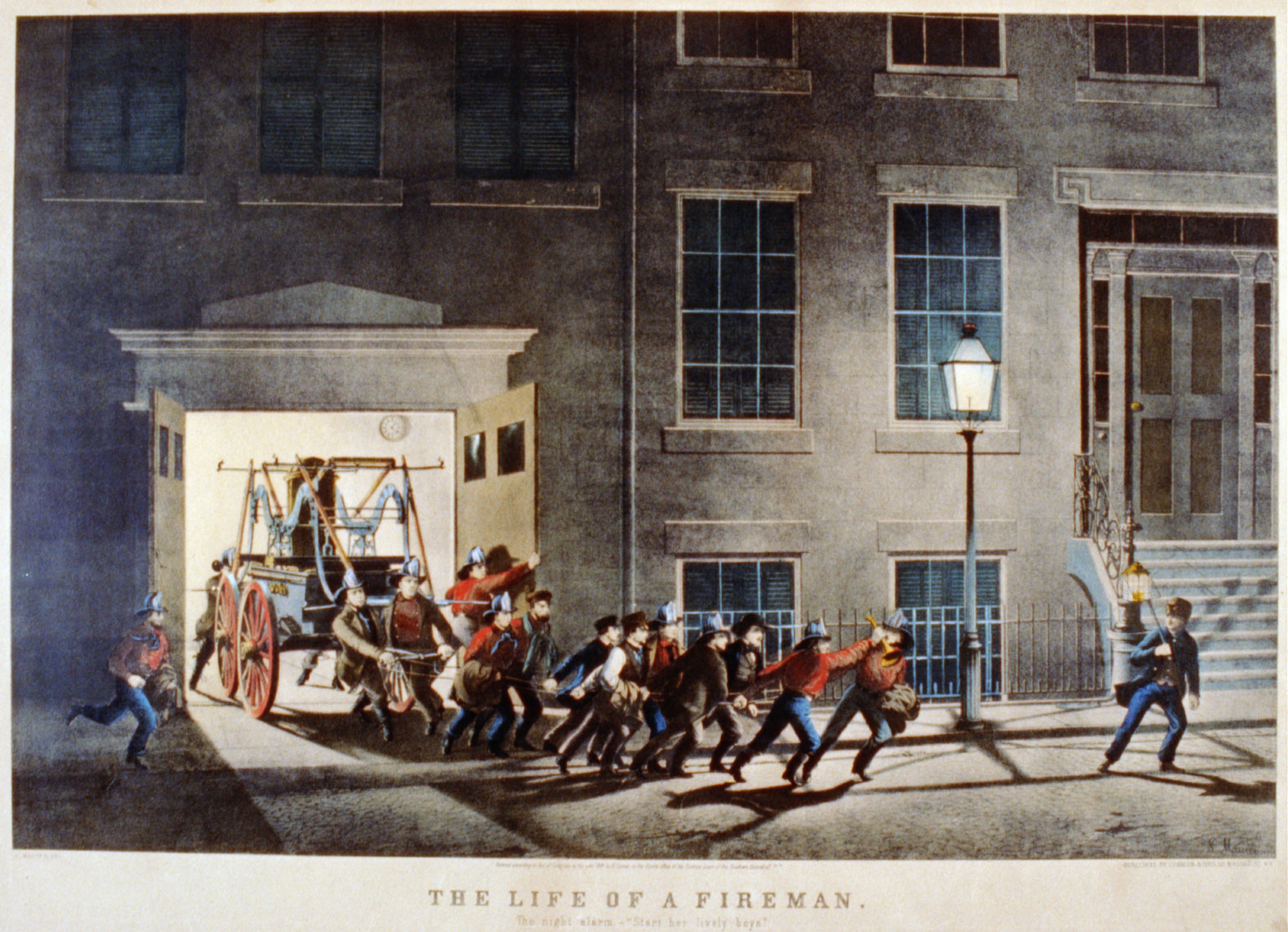 The life of a fireman: the night alarm--start her lively boys."", New York : Published by Currier & Ives, c1854. — antique lithograph