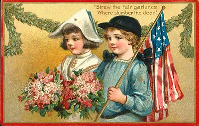 Children with flag and flowers, "Strew the fair garlands" postcard