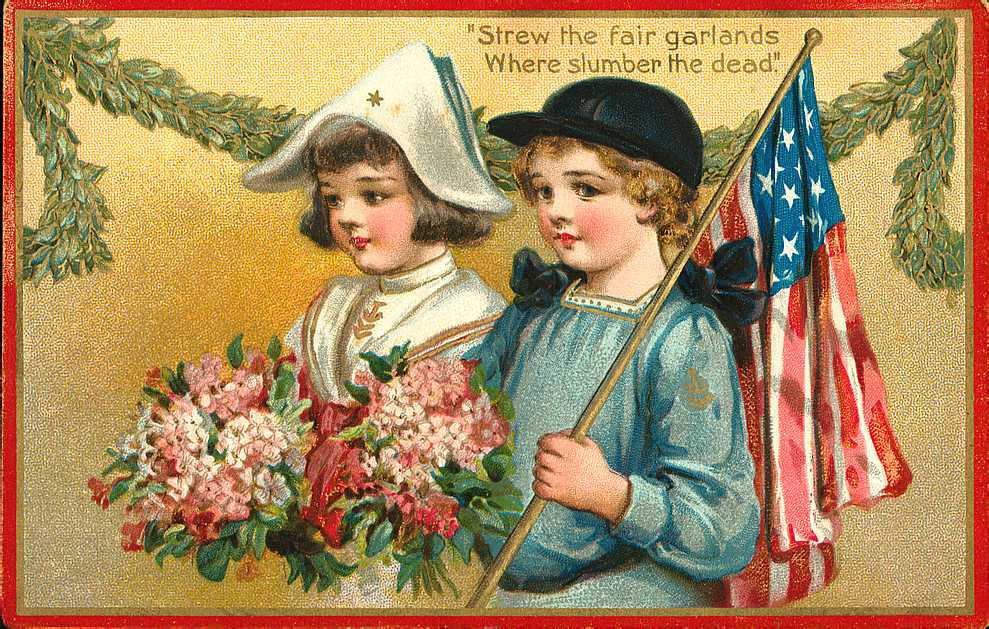 Children with flag and flowers, "Strew the fair garlands" postcard — vintage postcard