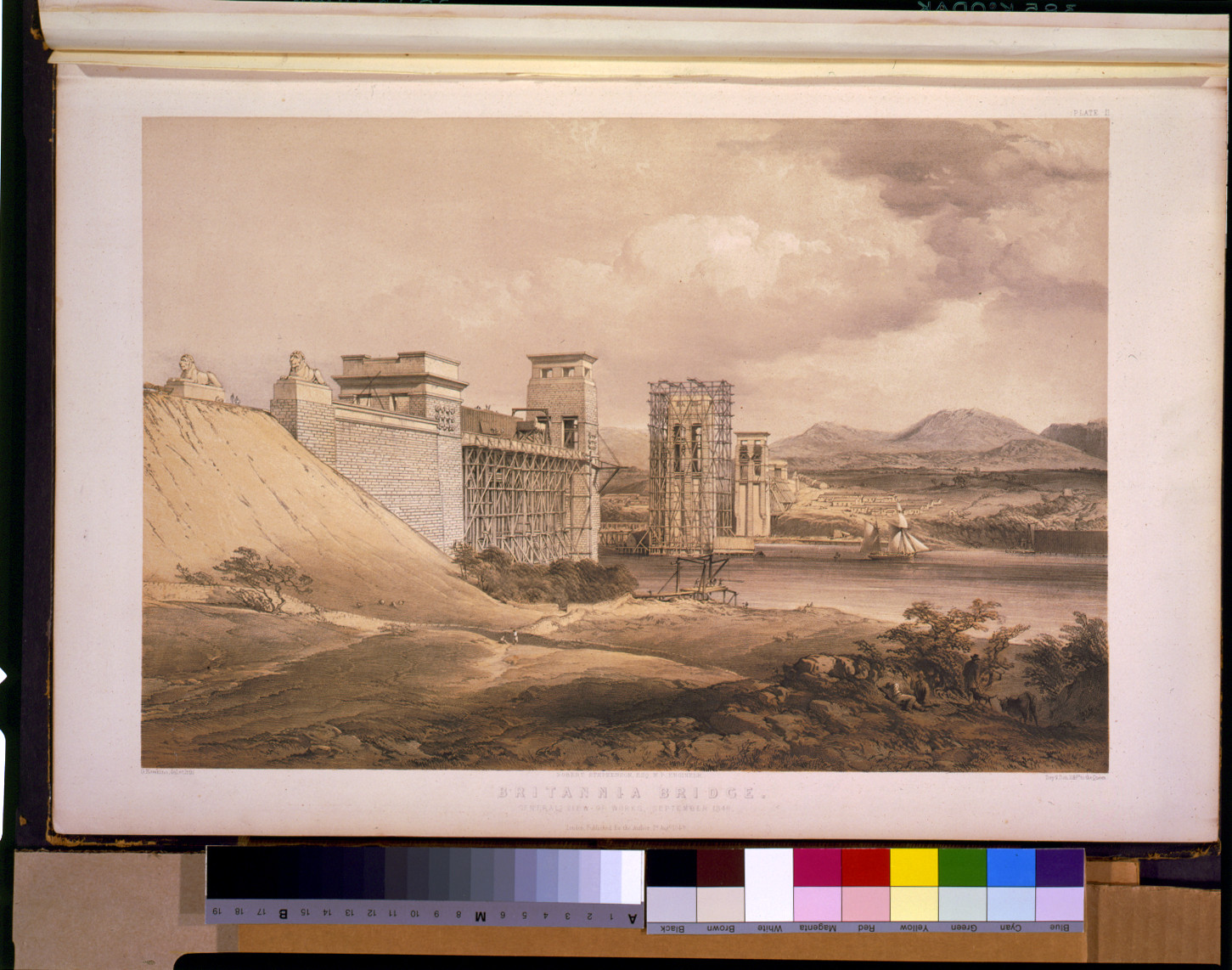 Britannia Bridge--General view of works, September 1848 / G. Hawkins, del. et lith. ; Day & Son lithrs. to the queen., London : Published for the author, 1849. — antique lithograph