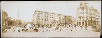 Panoramic street scene with horse-drawn carriages, New York City