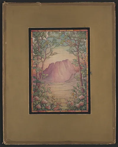 Watercolour design for stained glass with mountain landscape