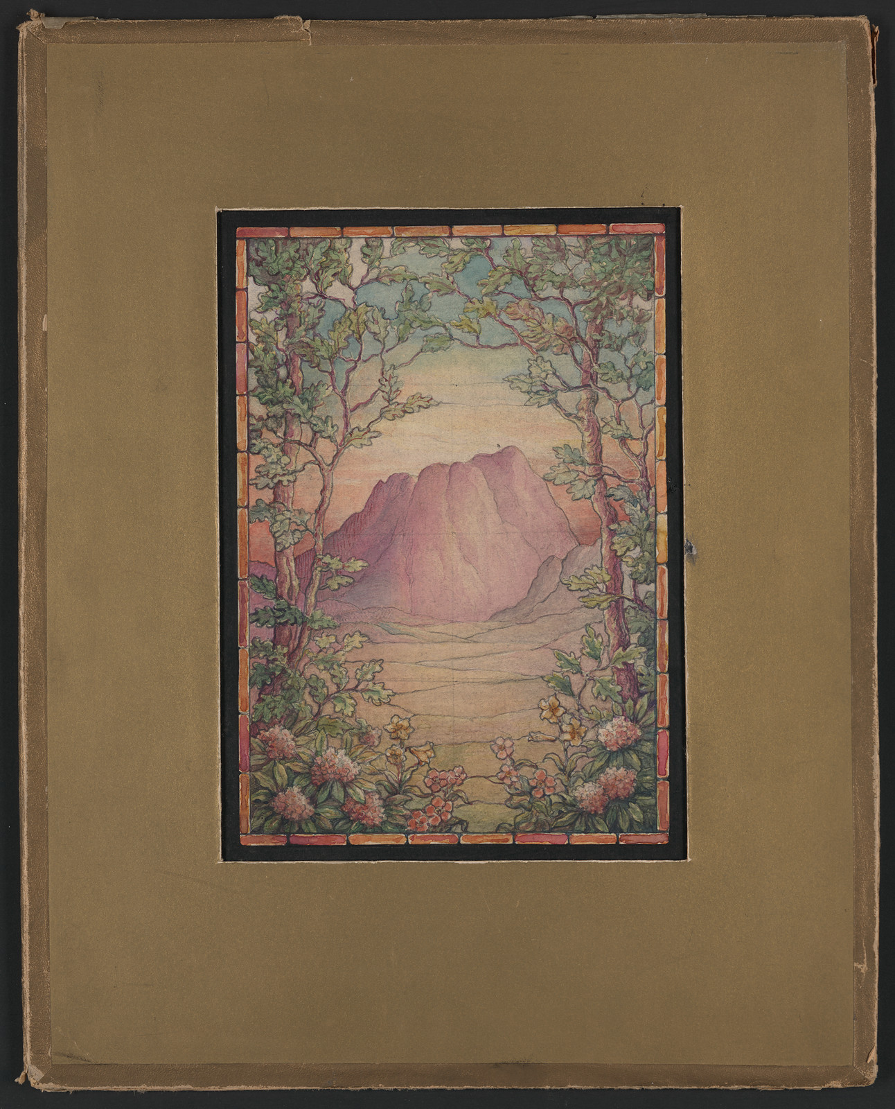 Watercolour design for stained glass with mountain landscape — historic image