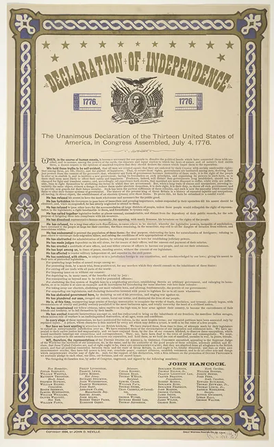 Declaration of Independence printed broadside with signers' names