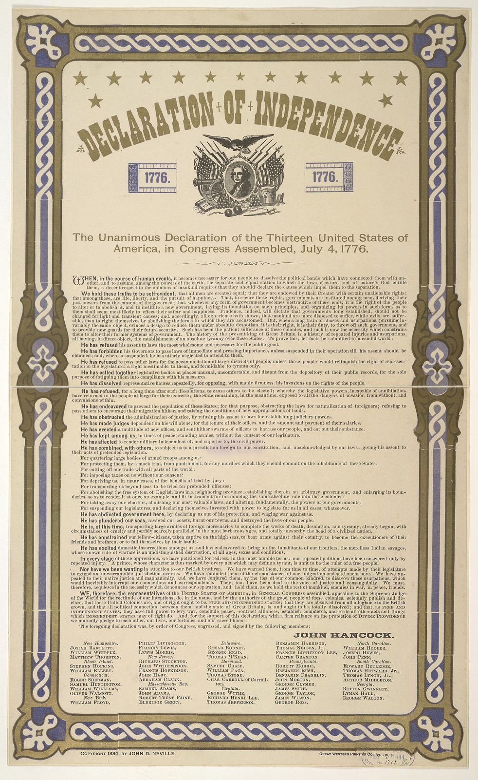 Declaration of Independence printed broadside with signers' names — historic print