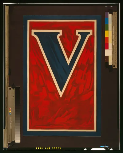 Large red, blue and cream letter V design