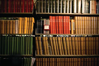 Rows of bound law reports on library shelves