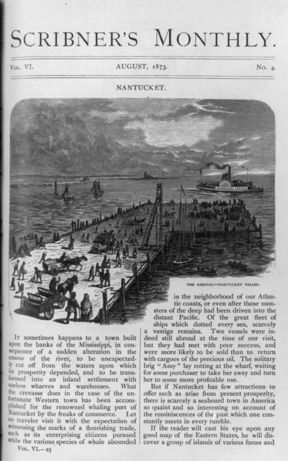 The arrival - Nantucket wharf, 1873 — antique engraving