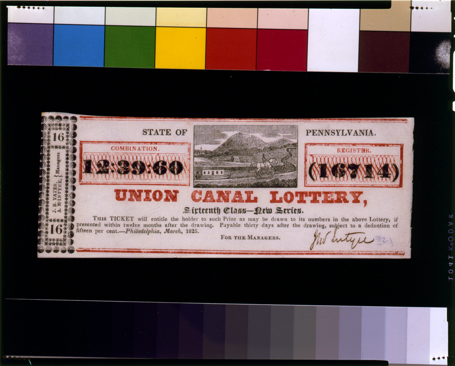 Union Canal Lottery ticket, State of Pennsylvania, 1825 — historic image