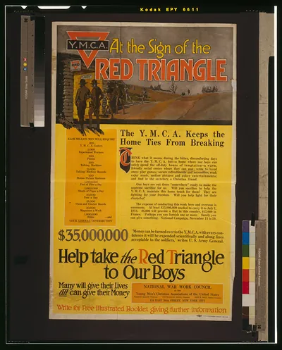 At the sign of the red triangle--The Y.M.C.A. keeps the home ties from breaking Help take the red triangle to our boys--Many will give their lives--All can give their money / John F. Butler ; Globe Lithographing Company, New York.