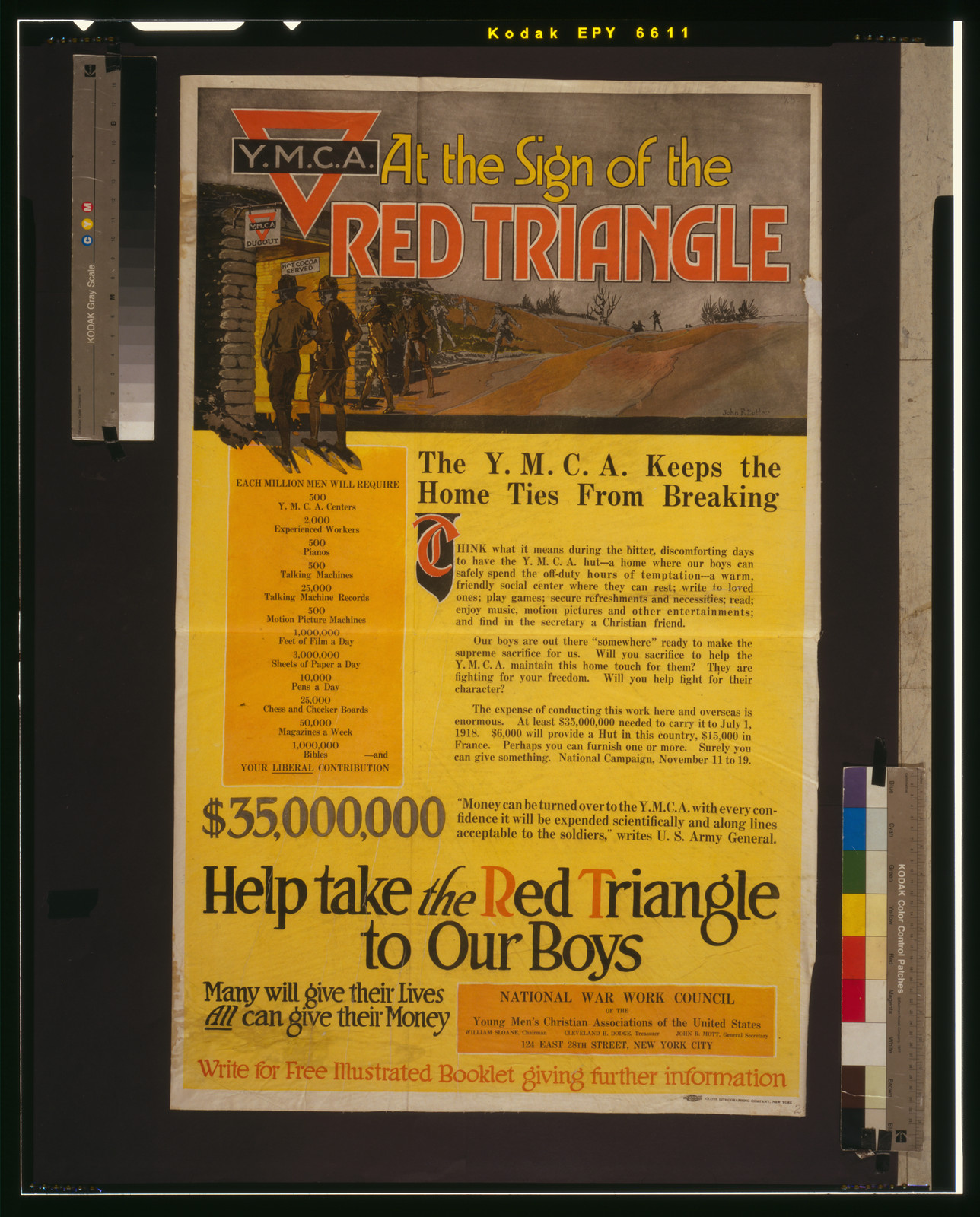 At the sign of the red triangle--The Y.M.C.A. keeps the home ties from breaking Help take the red triangle to our boys--Many will give their lives--All can give their money / John F. Butler ; Globe Lithographing Company, New York., [1917] — vintage poster