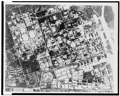 [Aerial view of bombing of Tachikawa Air Depot, Tackikawa, Japan]