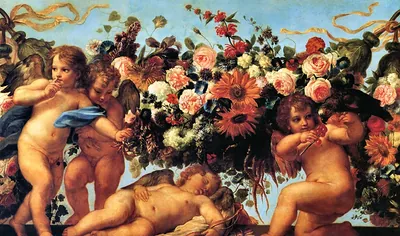 Painted cupids among flowers and garlands