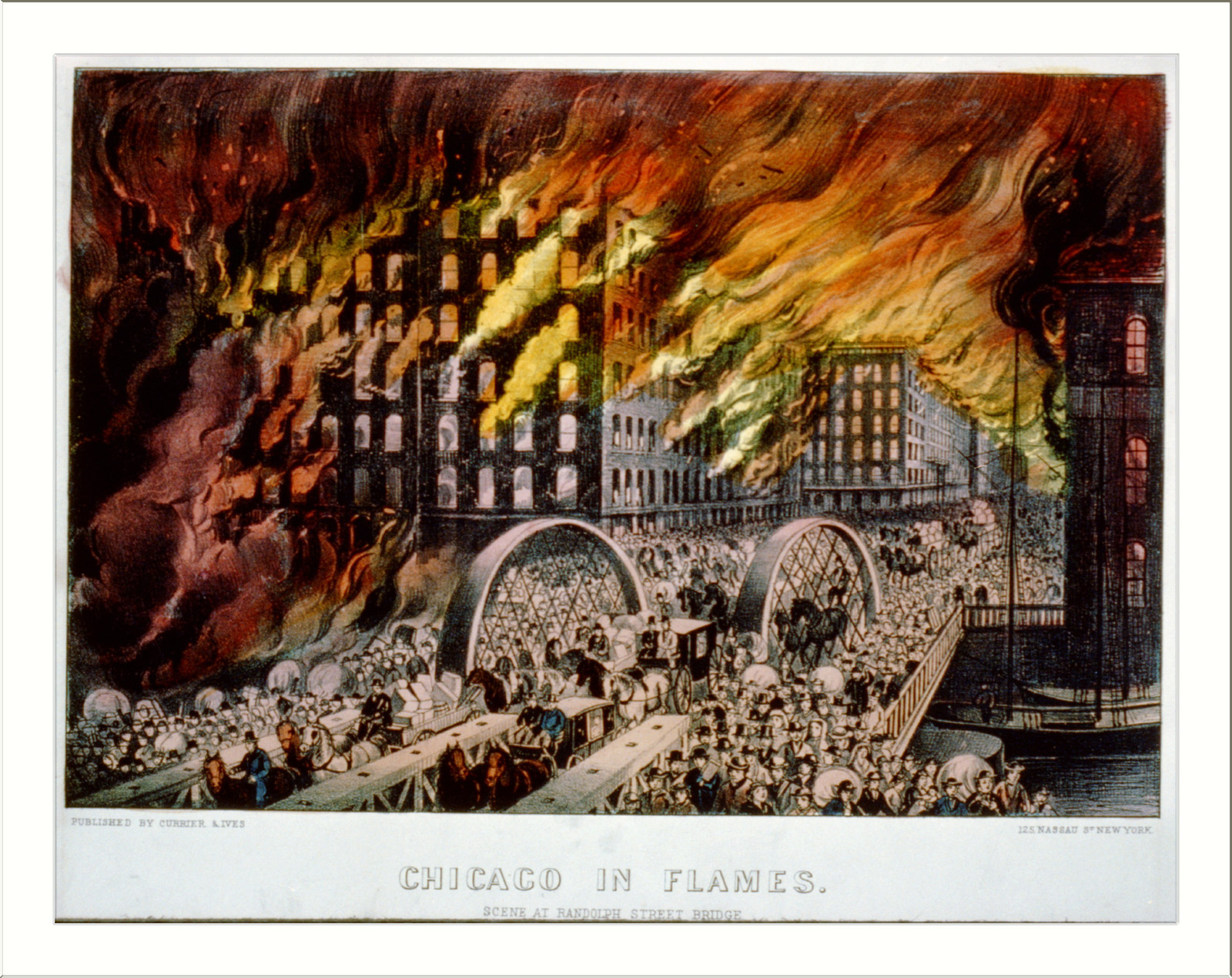 Chicago in flames: Scene at Randolph Street Bridge, [New York] : Currier & Ives, [between 1872 and 1874] — antique lithograph