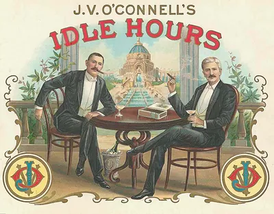 J.V. O'Connell's Idle Hours cigar label with two gentlemen