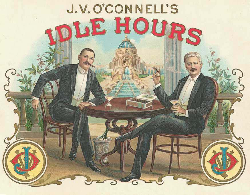 J.V. O'Connell's Idle Hours cigar label with two gentlemen — historic image