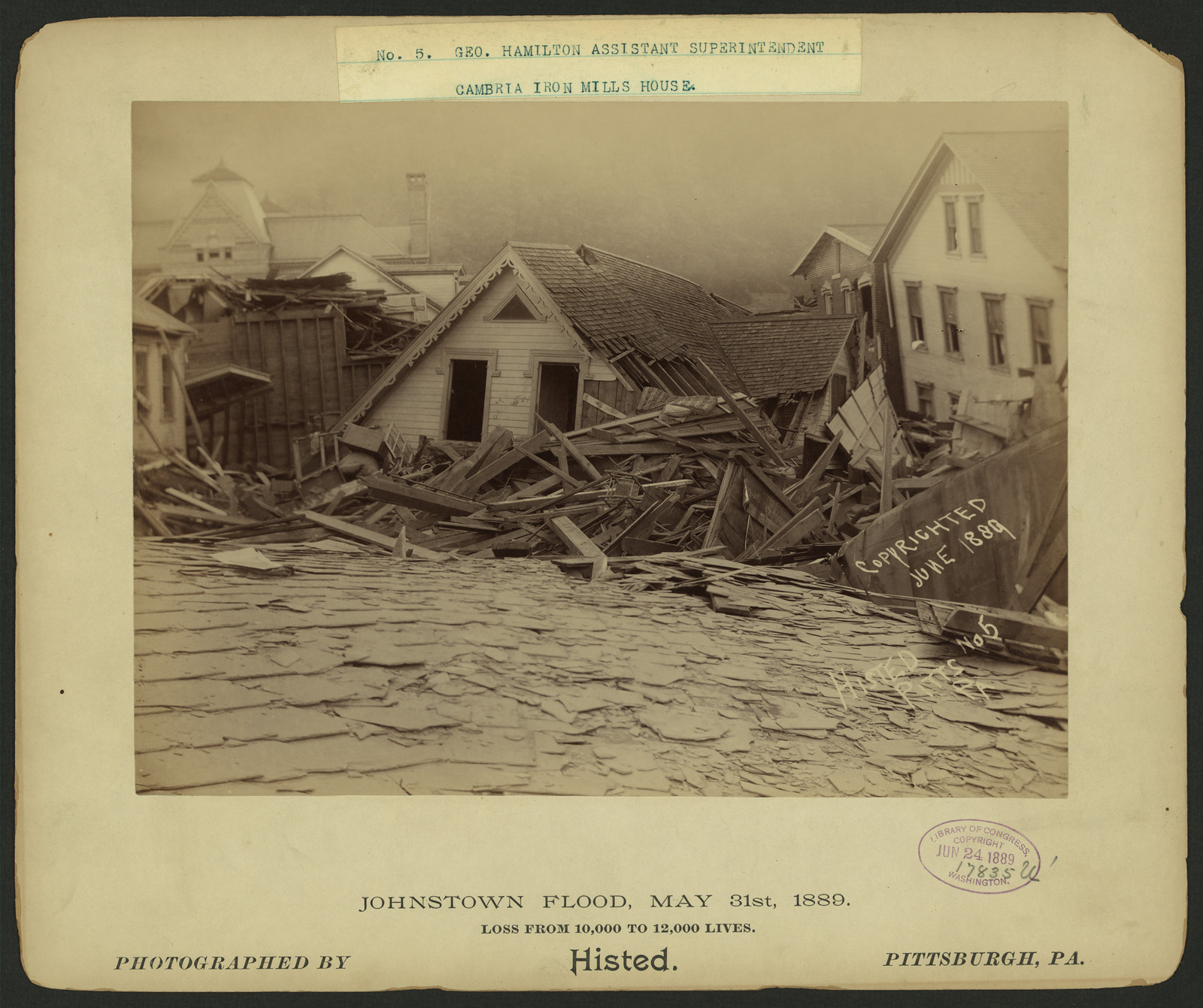 Johnstown Flood debris at Cambria Iron Mills House, No. 5 — historic image
