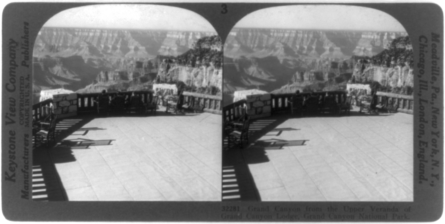 Grand Canyon Lodge: Grand Canyon from the upper veranda, c1929 Jan. 31. — historic photograph