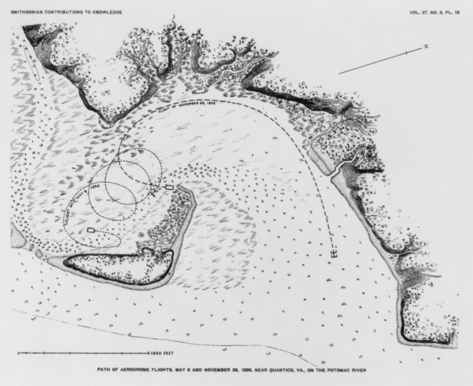 Path of aerodrome flights, May 6 and November 28, 1896, near Quantico, Va., on the Potomac River, [published 1911] — historic print