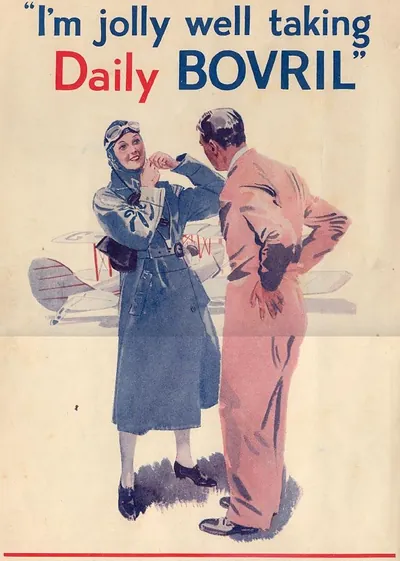 Bovril advertisement: woman in flying helmet beside biplane