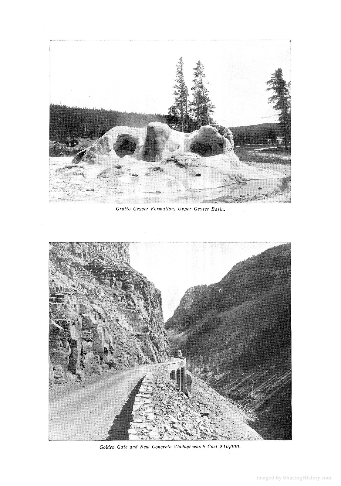 Grotto Geyser Formation and Golden Gate Viaduct, two photographs — historic photograph