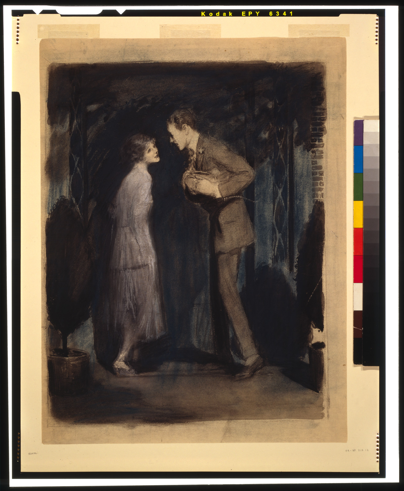 Courting couple in a dark garden, man bowing — historic image