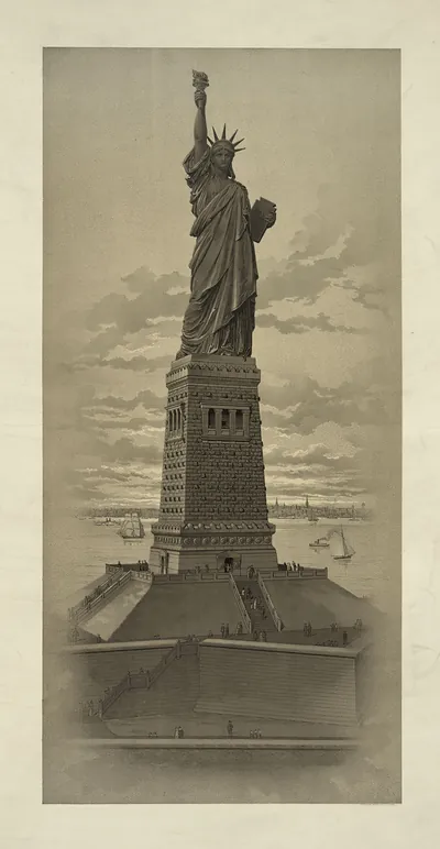 Statue of Liberty with pedestal and surrounding steps, sepia print